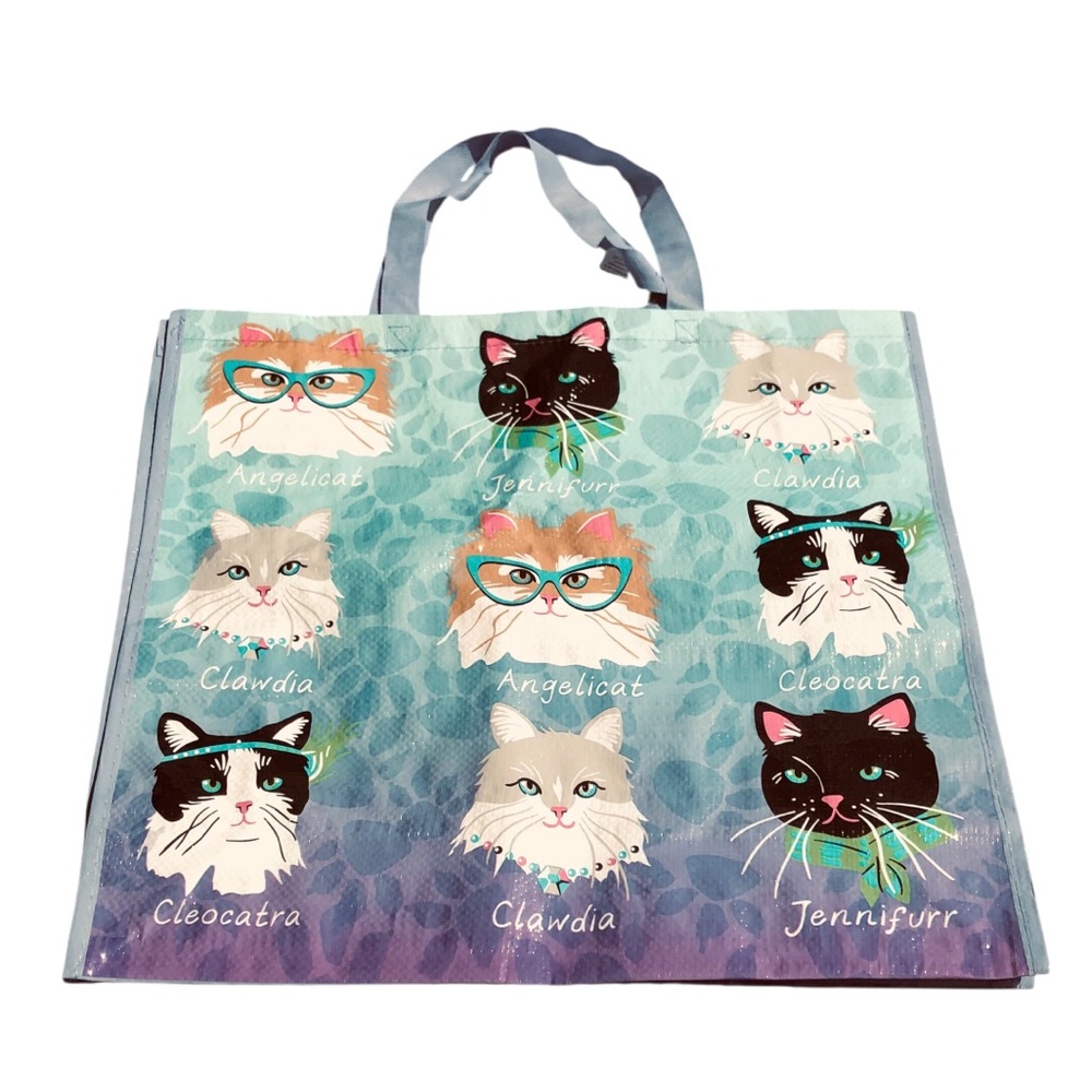 Named Cat Faces Reusable Shopping Tote Bag - Turquoise Purple